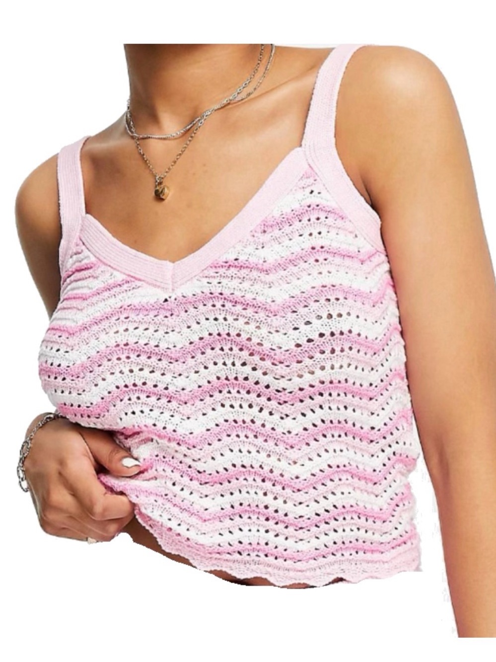 The Frolic EUC Pink White Zig Zag Crochet Knit Tank Top Size 12 ASOS